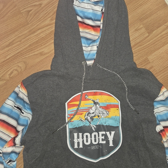 Hooey Charcoal Hoodie with Vibrant Striped Sleeves Large Womans - Picture 2 of 6